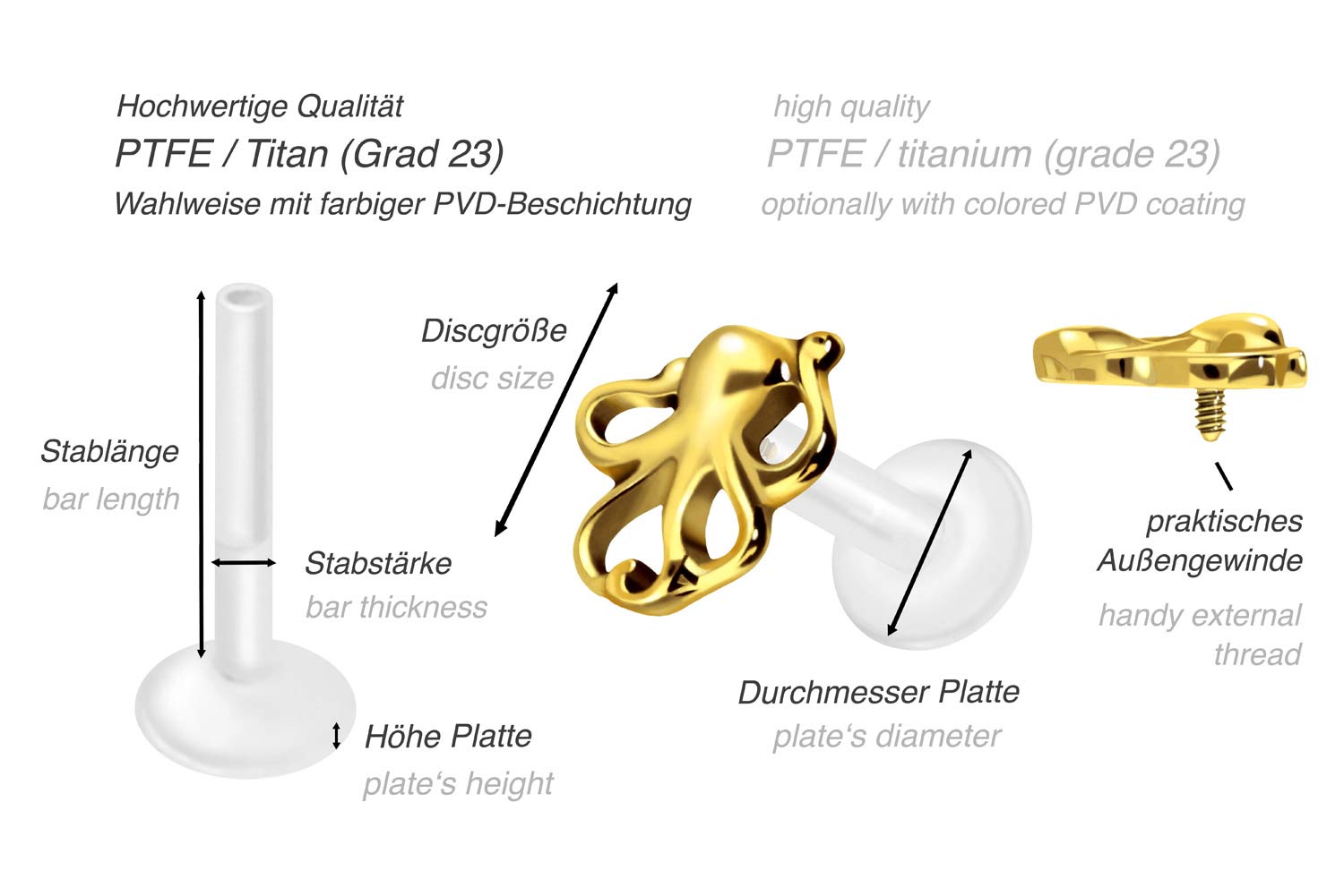 Octupus Threading PTFE labret with internal thread + titanium attachment OCTOPUS ...